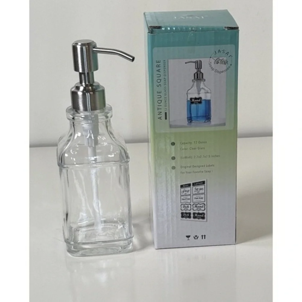 JASAI Antique Glass Soap Dispenser‎ Clear Bottle Stainless Steel Pump New 81-11